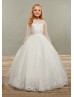 Sheer Long Sleeves Ivory Lace Tulle Flower Girl Dress